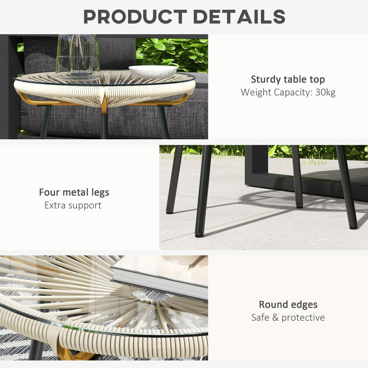 Round Rattan Side Table with Tempered Glass Top, Cream White