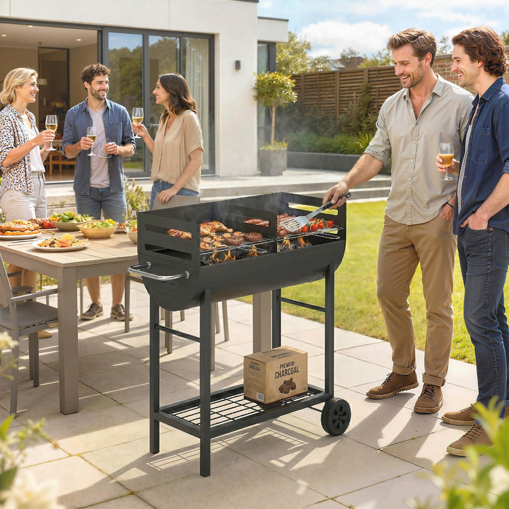 Charcoal BBQ Trolley, Metal 2-Zone Grill on Wheels, Adjustable Grates, Black