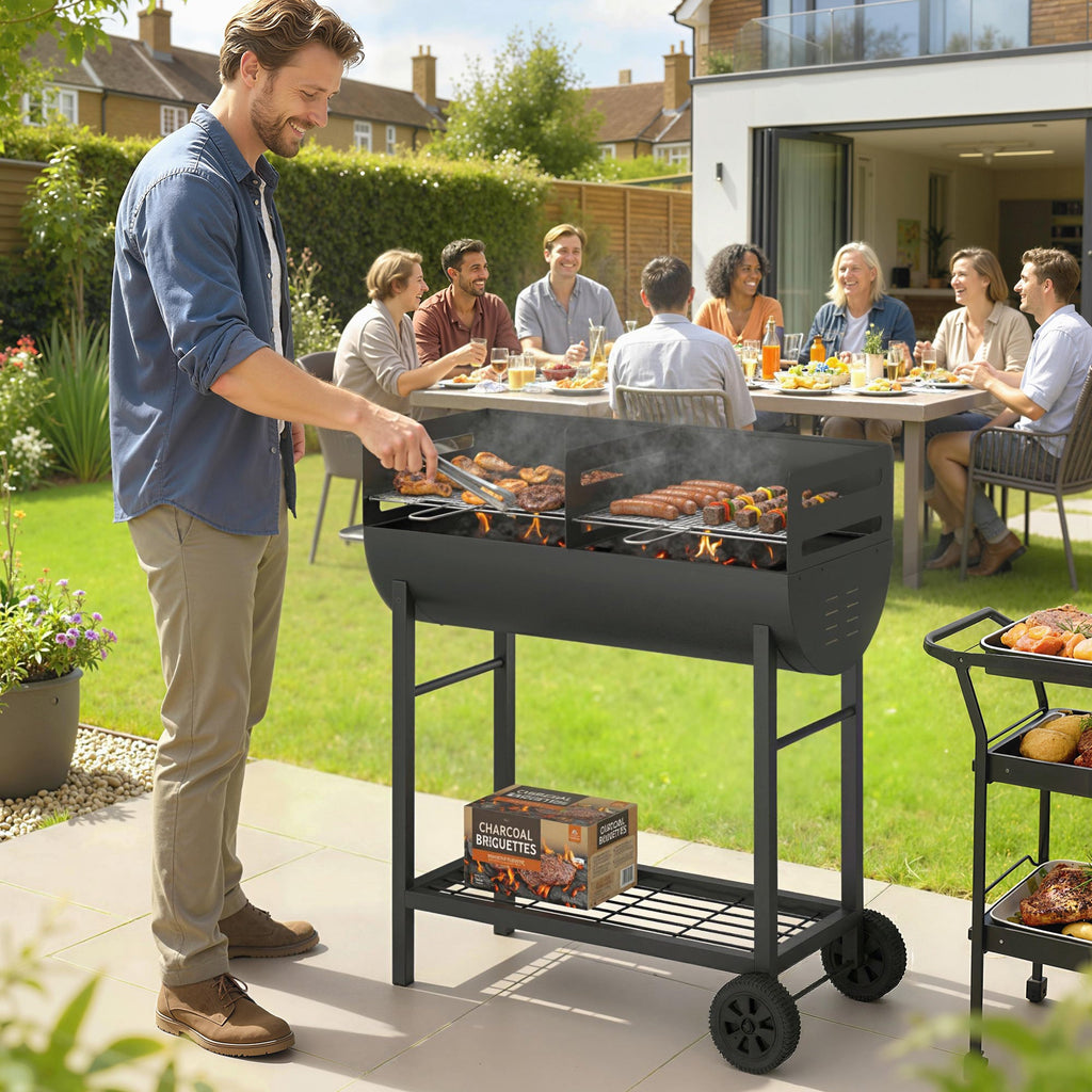 Charcoal BBQ Trolley, Metal 2-Zone Grill on Wheels, Adjustable Grates, Black