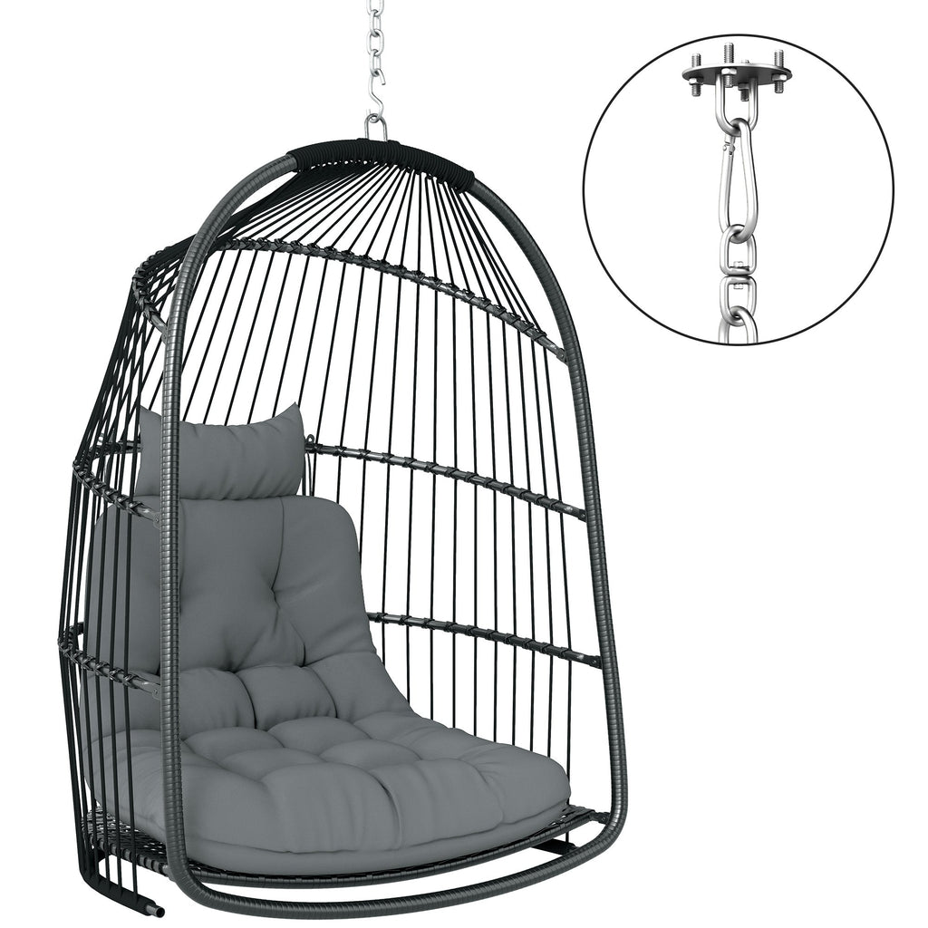 Foldable Hanging Egg Chair with Cushion, Headrest and Kit, Dark Grey