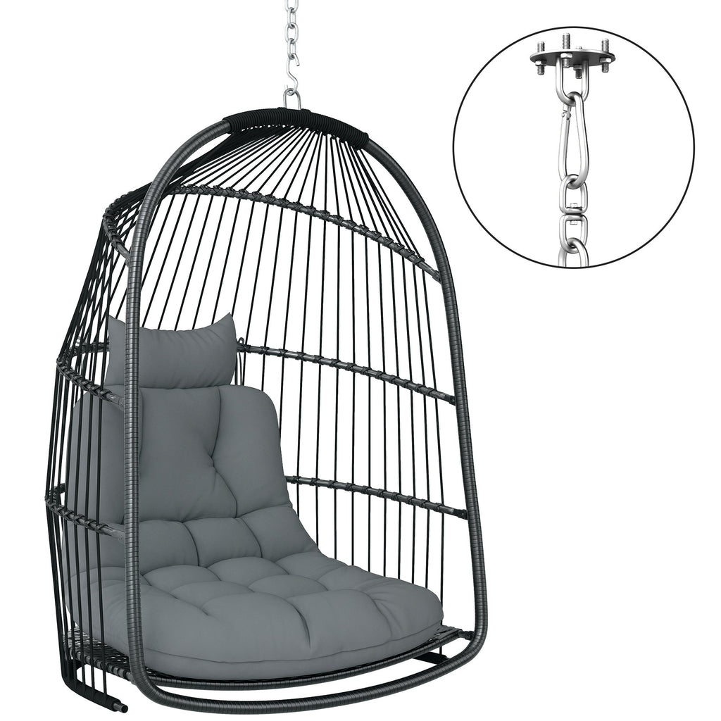 Foldable Hanging Egg Chair with Cushion, Headrest and Kit, Dark Grey