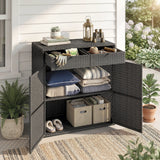Wicker Outdoor Storage Cabinet with 2 Drawers and 2-Tier Shelves, Dark Grey