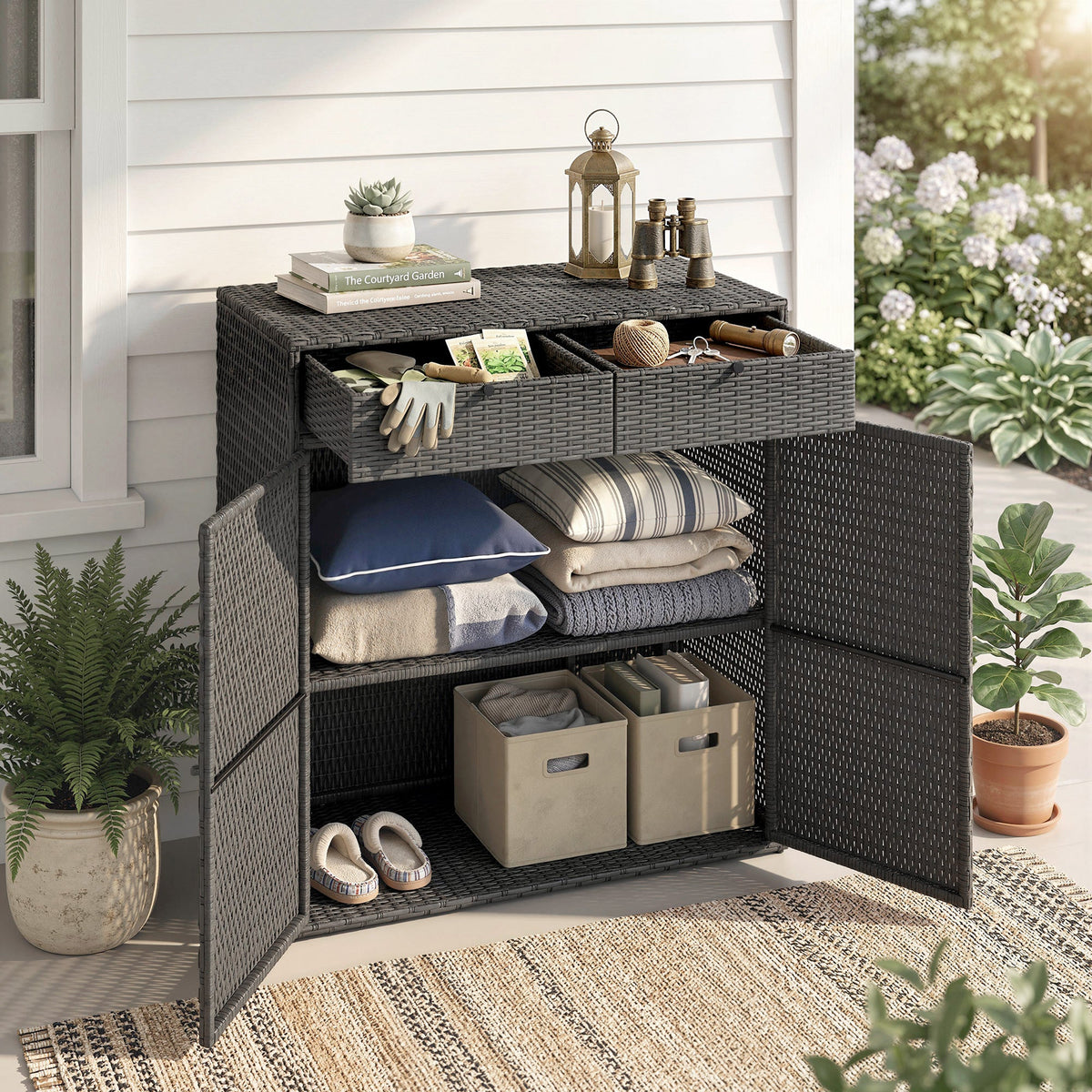 Wicker Outdoor Storage Cabinet with 2 Drawers and 2-Tier Shelves, Dark Grey