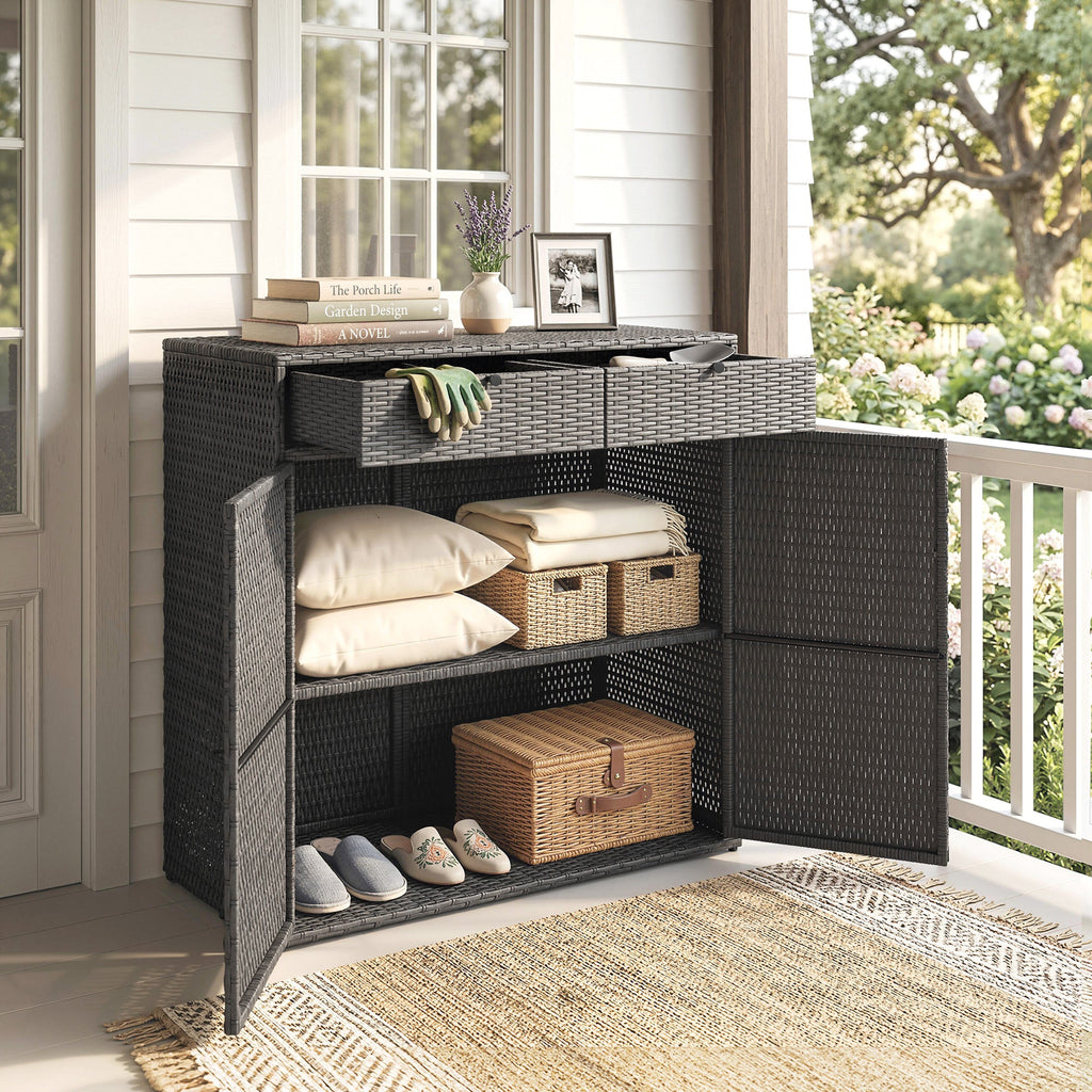 Wicker Outdoor Storage Cabinet with 2 Drawers and 2-Tier Shelves, Dark Grey
