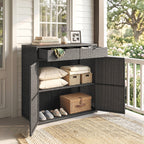 Wicker Outdoor Storage Cabinet with 2 Drawers and 2-Tier Shelves, Dark Grey