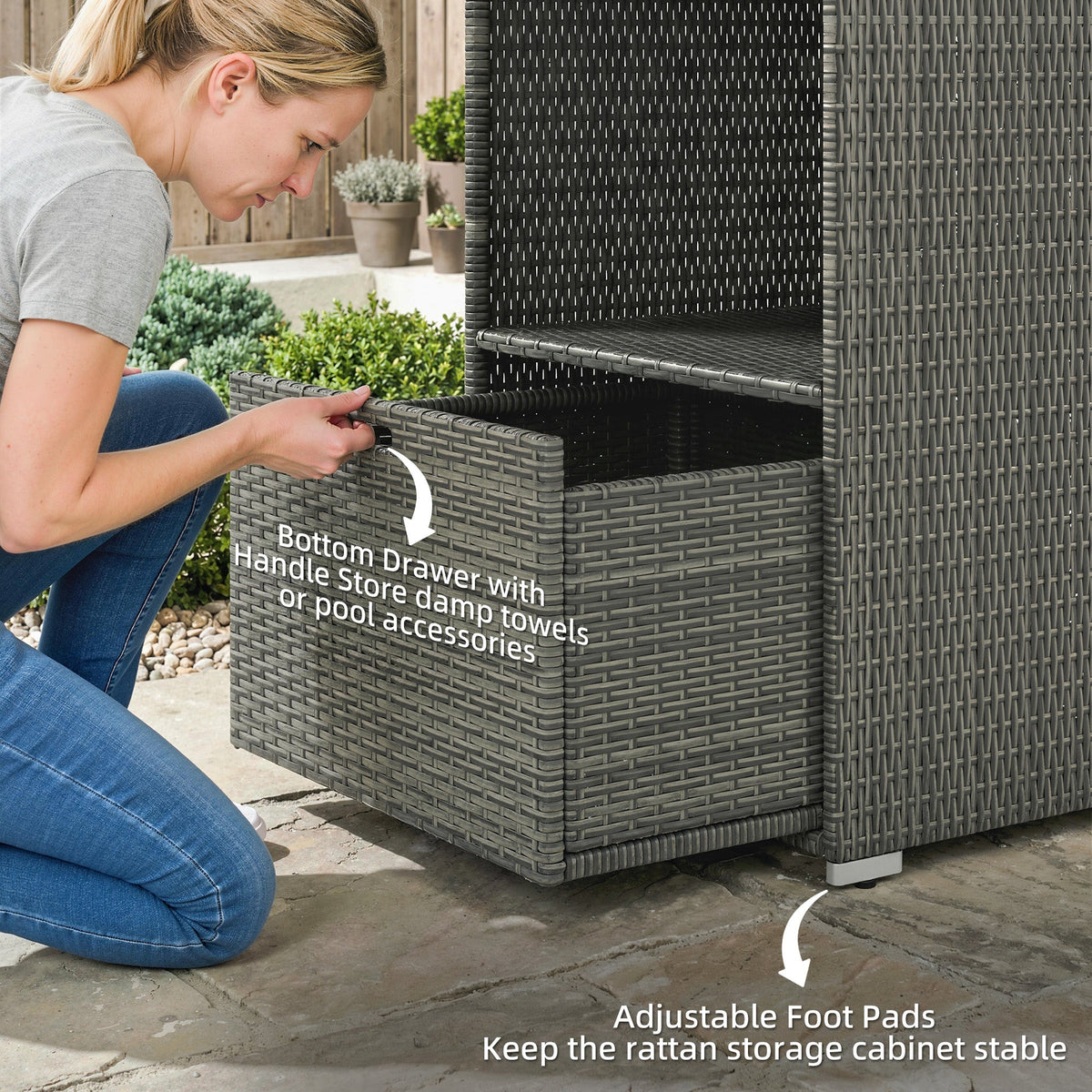 Pool Towel Rack with 2 Shelves and Basket Drawer, PE Rattan, Dark Gray