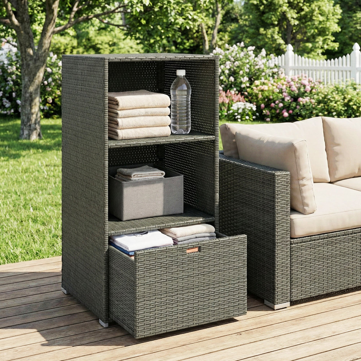 Pool Towel Rack with 2 Shelves and Basket Drawer, PE Rattan, Dark Gray