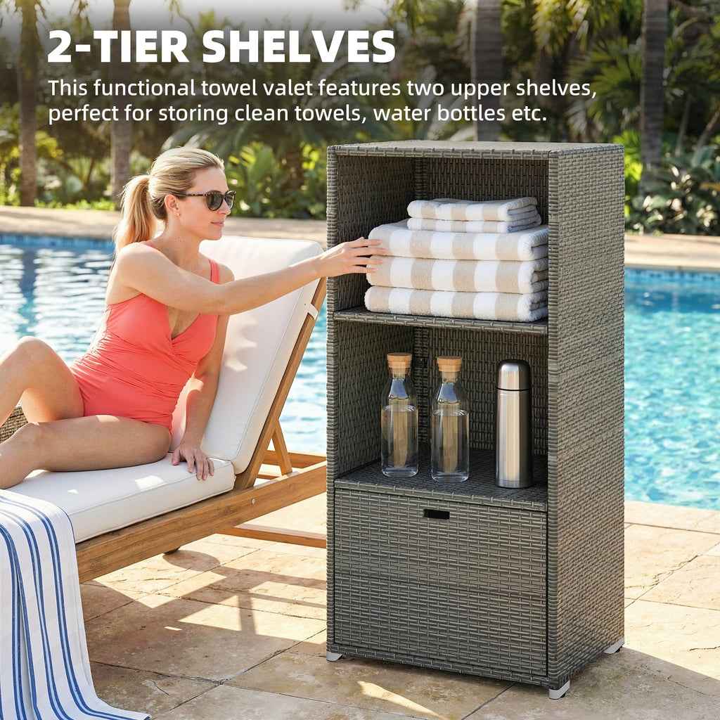 Pool Towel Rack with 2 Shelves and Basket Drawer, PE Rattan, Dark Gray