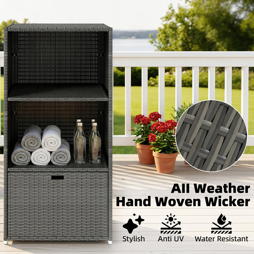Pool Towel Rack with 2 Shelves and Basket Drawer, PE Rattan, Dark Gray