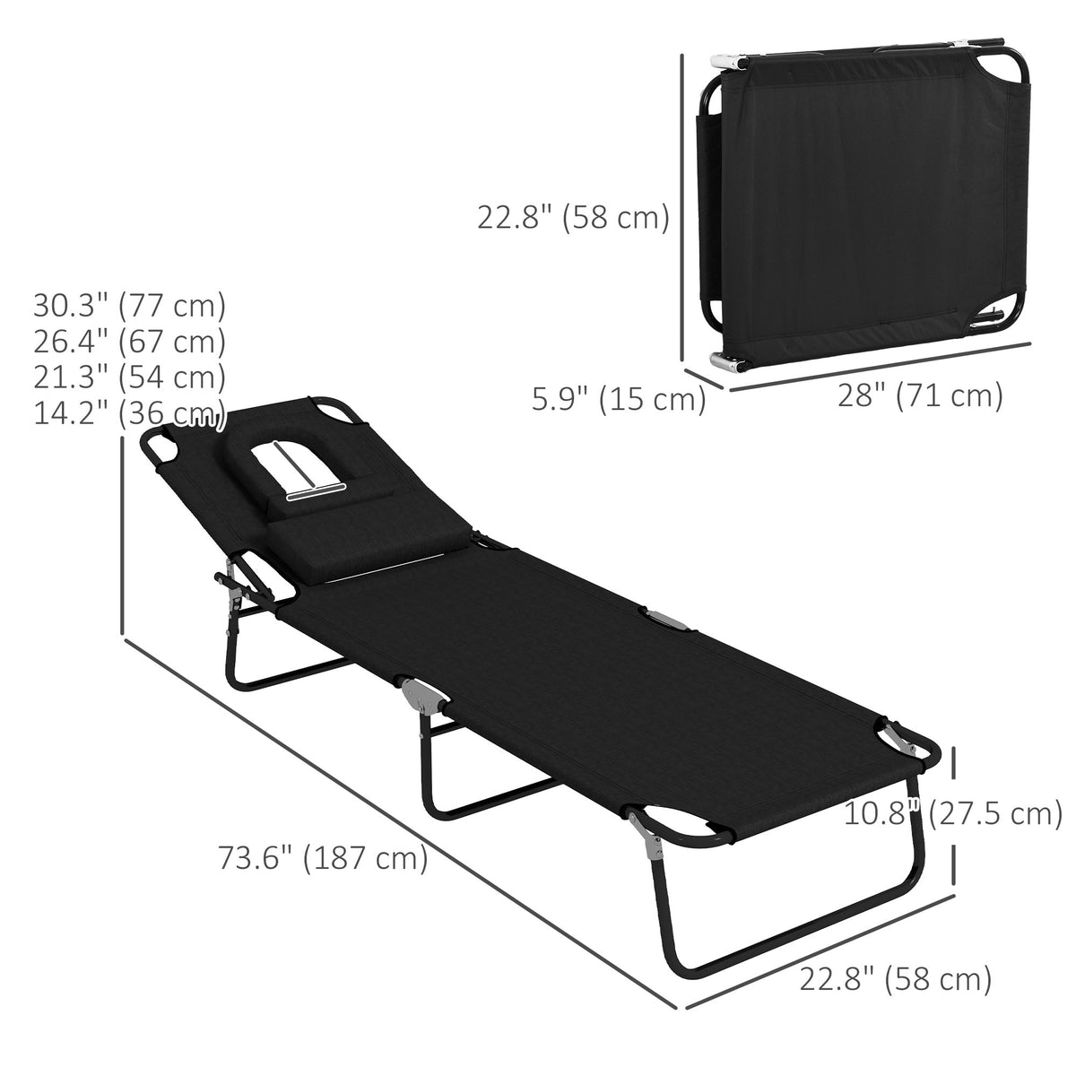 2pcs Adjustable Outdoor Lounge Chairs with Face Hole, Black