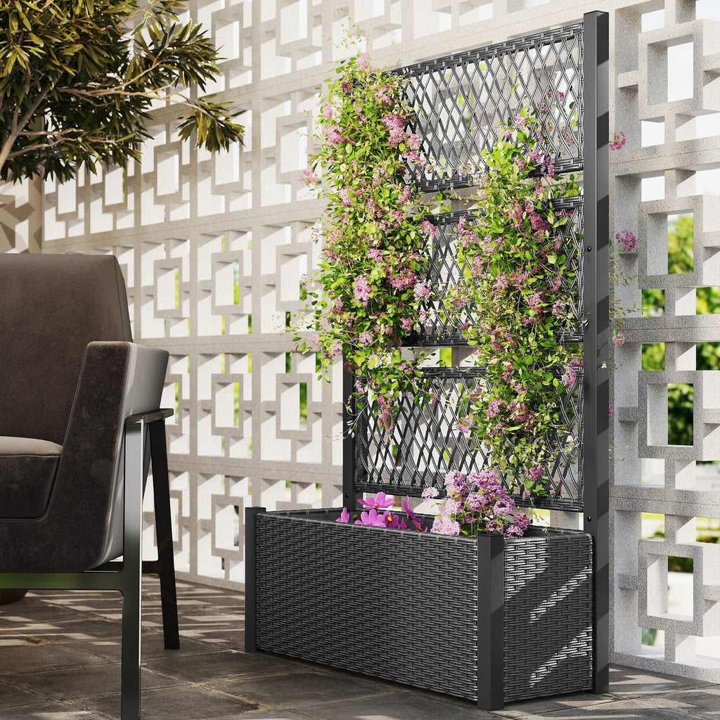 58" Wicker Outdoor Planter with Trellis and Privacy Screen, Dark Grey