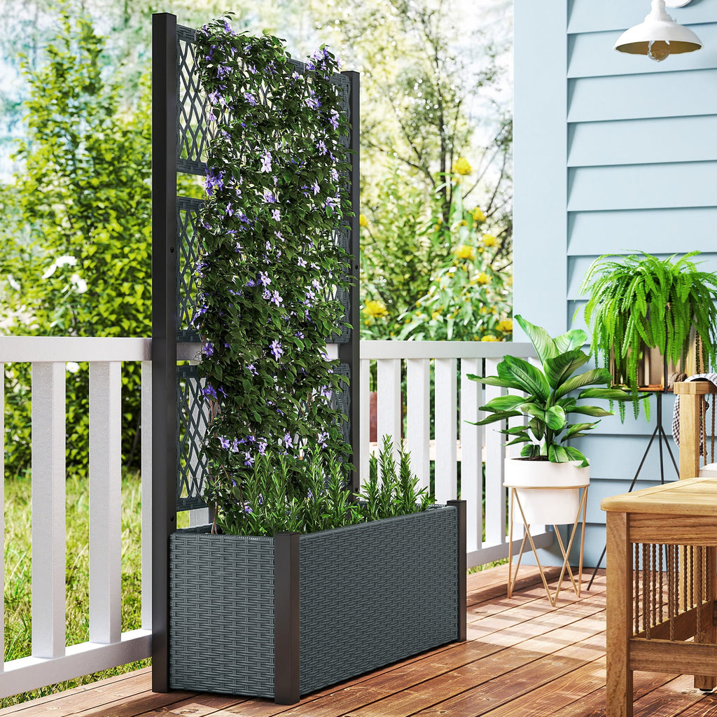 58" Wicker Outdoor Planter with Trellis and Privacy Screen, Dark Grey