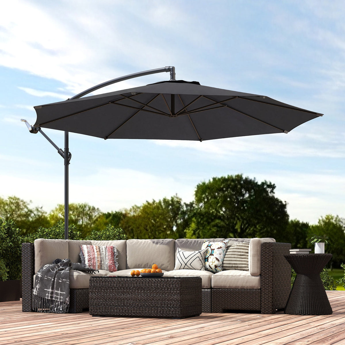 3 m Banana Parasol with Crank Handle, 8 Ribs & Cross Base, Black