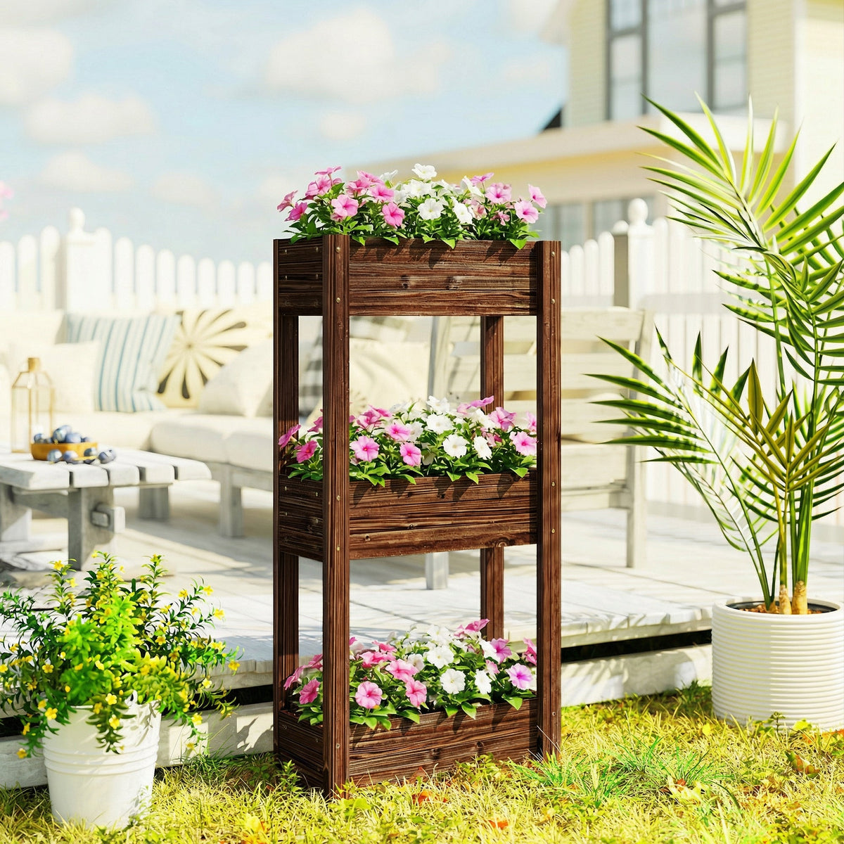 3-Tier Wooden Raised Planter with Liner, 60 x 25 x 120 cm