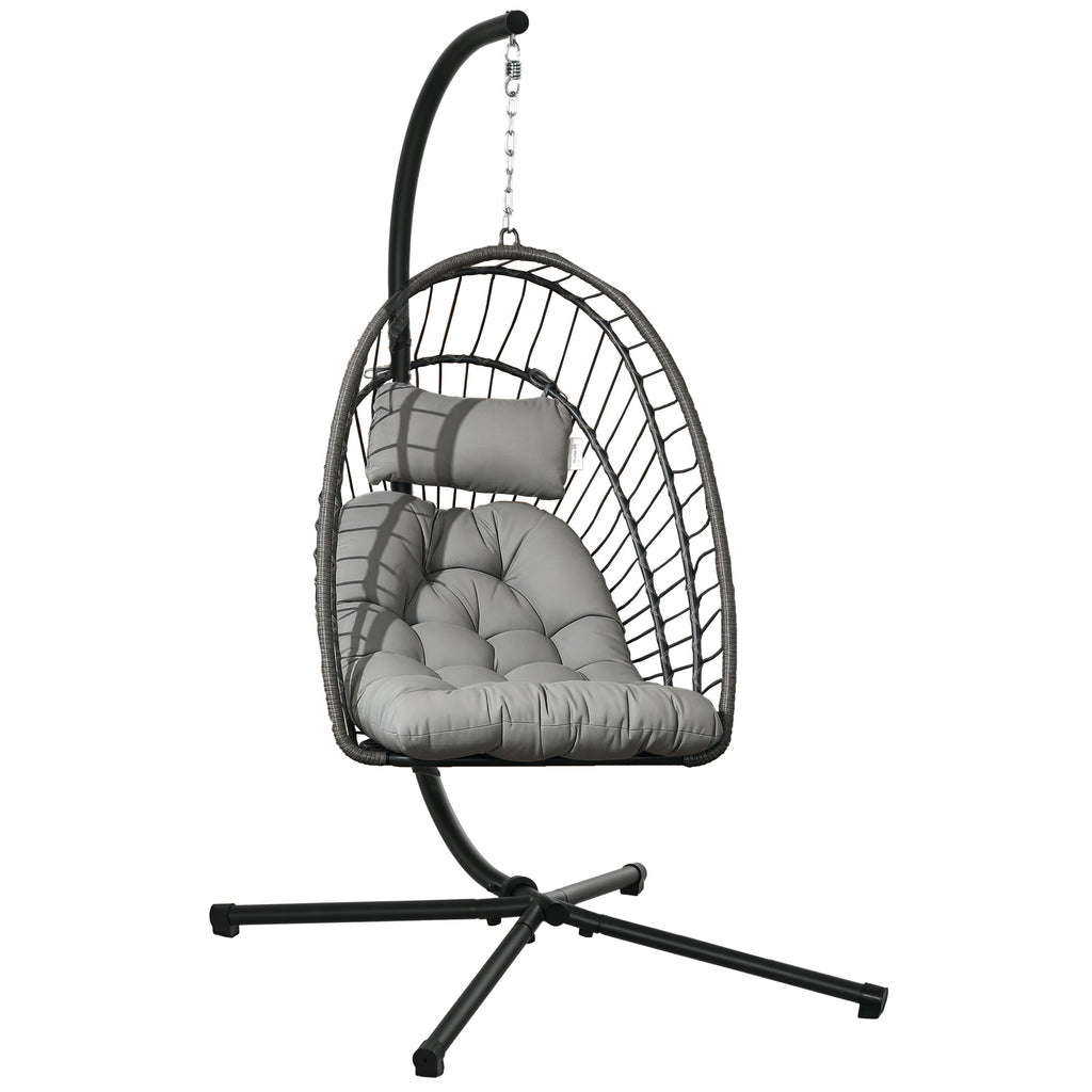 Rattan Hanging Egg Chair with Metal Stand, Foldable Basket & Cushion, Light Grey