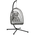 Rattan Hanging Egg Chair with Metal Stand, Foldable Basket & Cushion, Light Grey