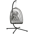 Rattan Hanging Egg Chair with Metal Stand, Foldable Basket & Cushion, Light Grey