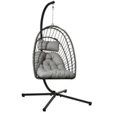 Rattan Hanging Egg Chair with Metal Stand, Foldable Basket & Cushion, Light Grey