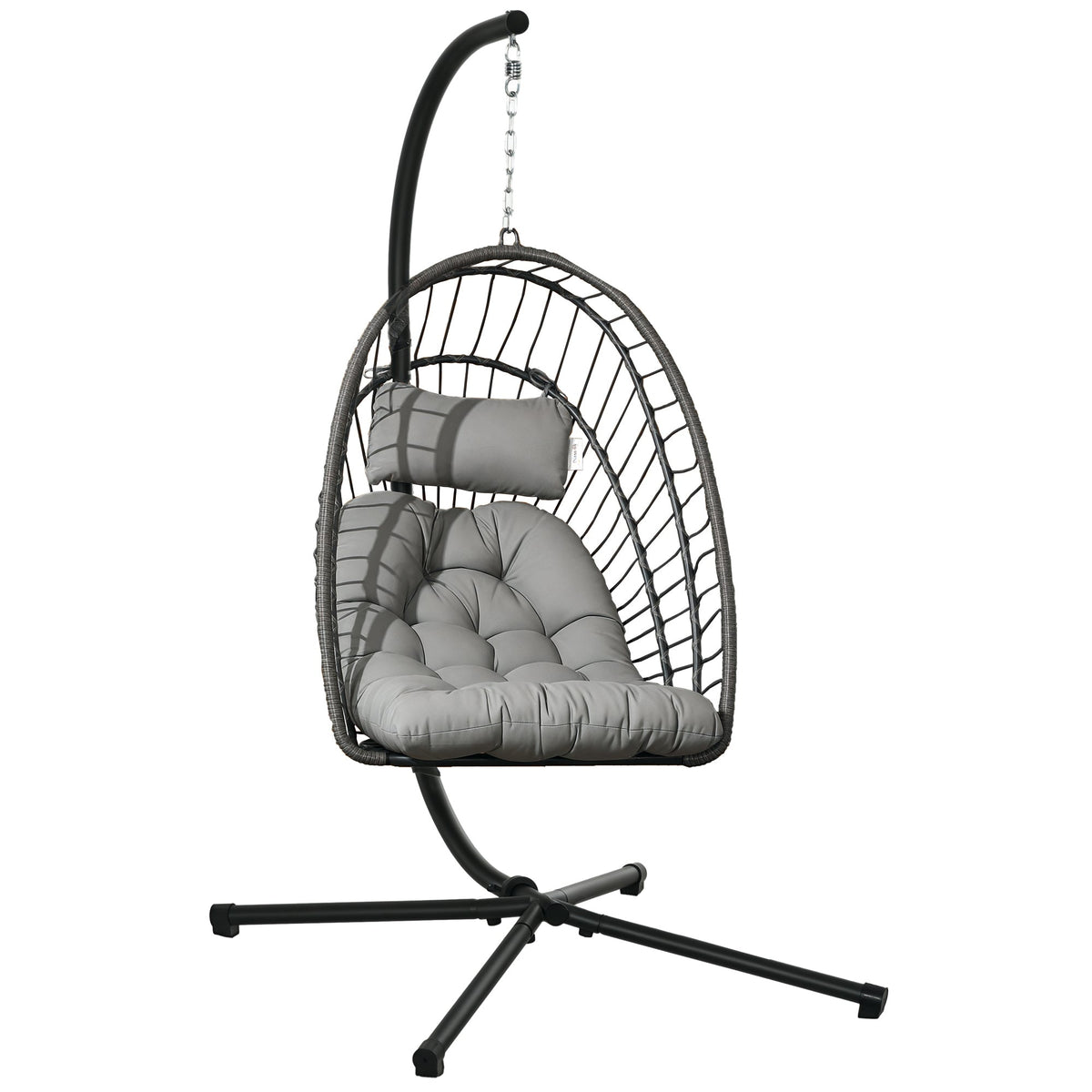 Rattan Hanging Egg Chair with Metal Stand, Foldable Basket & Cushion, Light Grey
