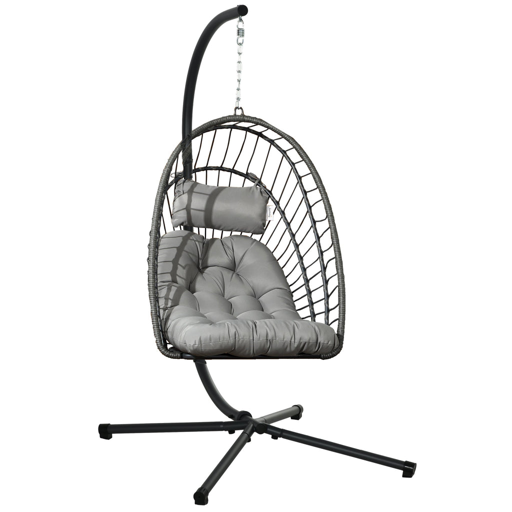 Rattan Hanging Egg Chair with Metal Stand, Foldable Basket & Cushion, Light Grey