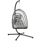Rattan Hanging Egg Chair with Metal Stand, Foldable Basket & Cushion, Light Grey