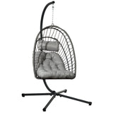 Rattan Hanging Egg Chair with Metal Stand, Foldable Basket & Cushion, Light Grey
