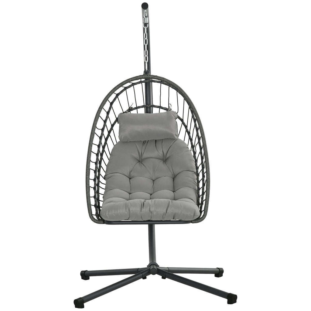 Rattan Hanging Egg Chair with Metal Stand, Foldable Basket & Cushion, Light Grey