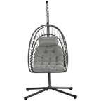 Rattan Hanging Egg Chair with Metal Stand, Foldable Basket & Cushion, Light Grey