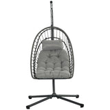 Rattan Hanging Egg Chair with Metal Stand, Foldable Basket & Cushion, Light Grey