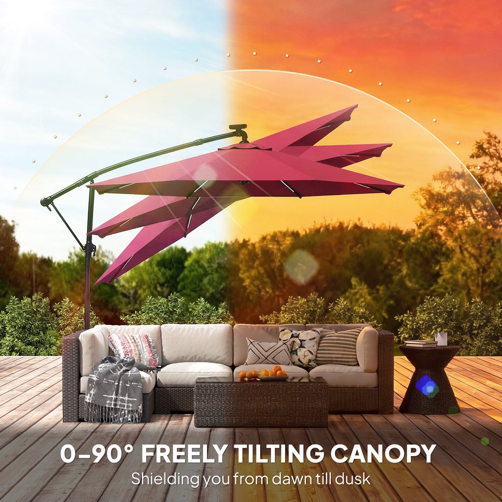 3 m Cantilever Parasol with Solar LED Light, Cover & 360° Rotation, Wine Red