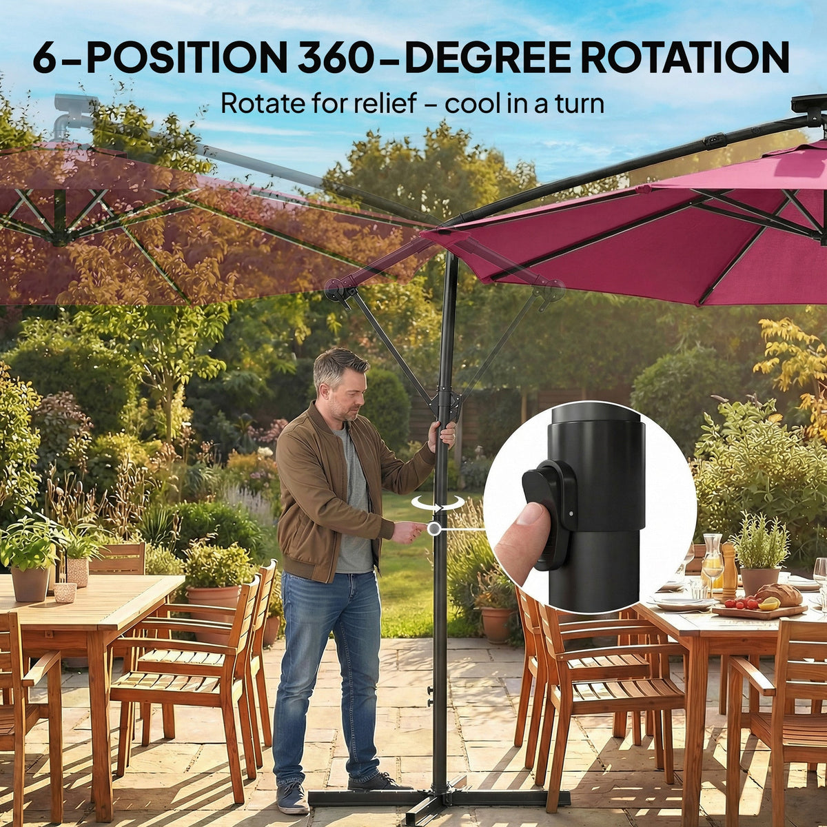 3 m Cantilever Parasol with Solar LED Light, Cover & 360° Rotation, Wine Red