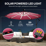 3 m Cantilever Parasol with Solar LED Light, Cover & 360° Rotation, Wine Red