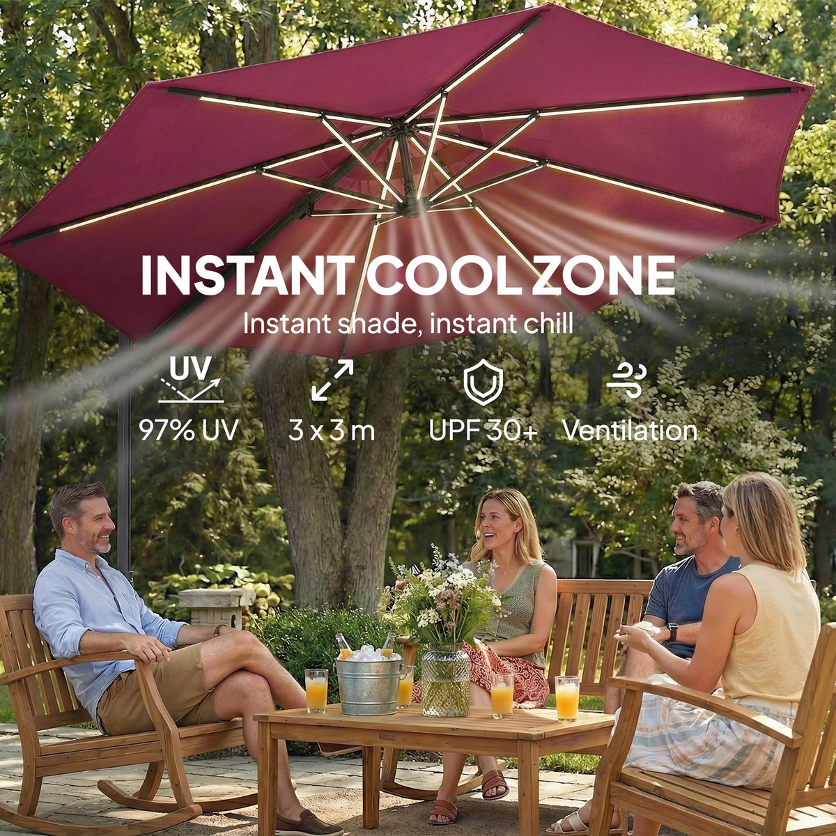 3 m Cantilever Parasol with Solar LED Light, Cover & 360° Rotation, Wine Red
