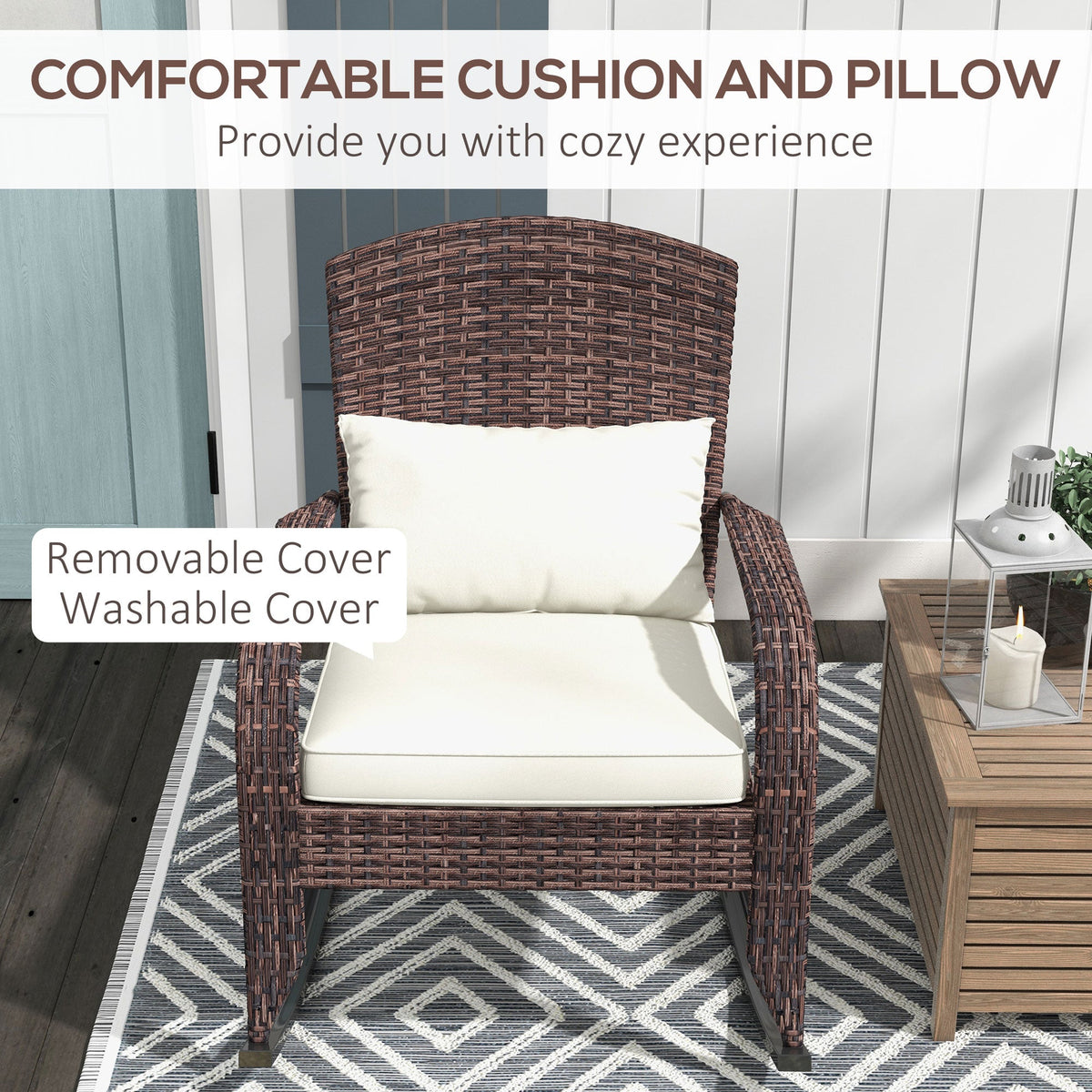 Wicker Adirondack Rocking Chair with Cushion and Pillow, Cream White/Brown