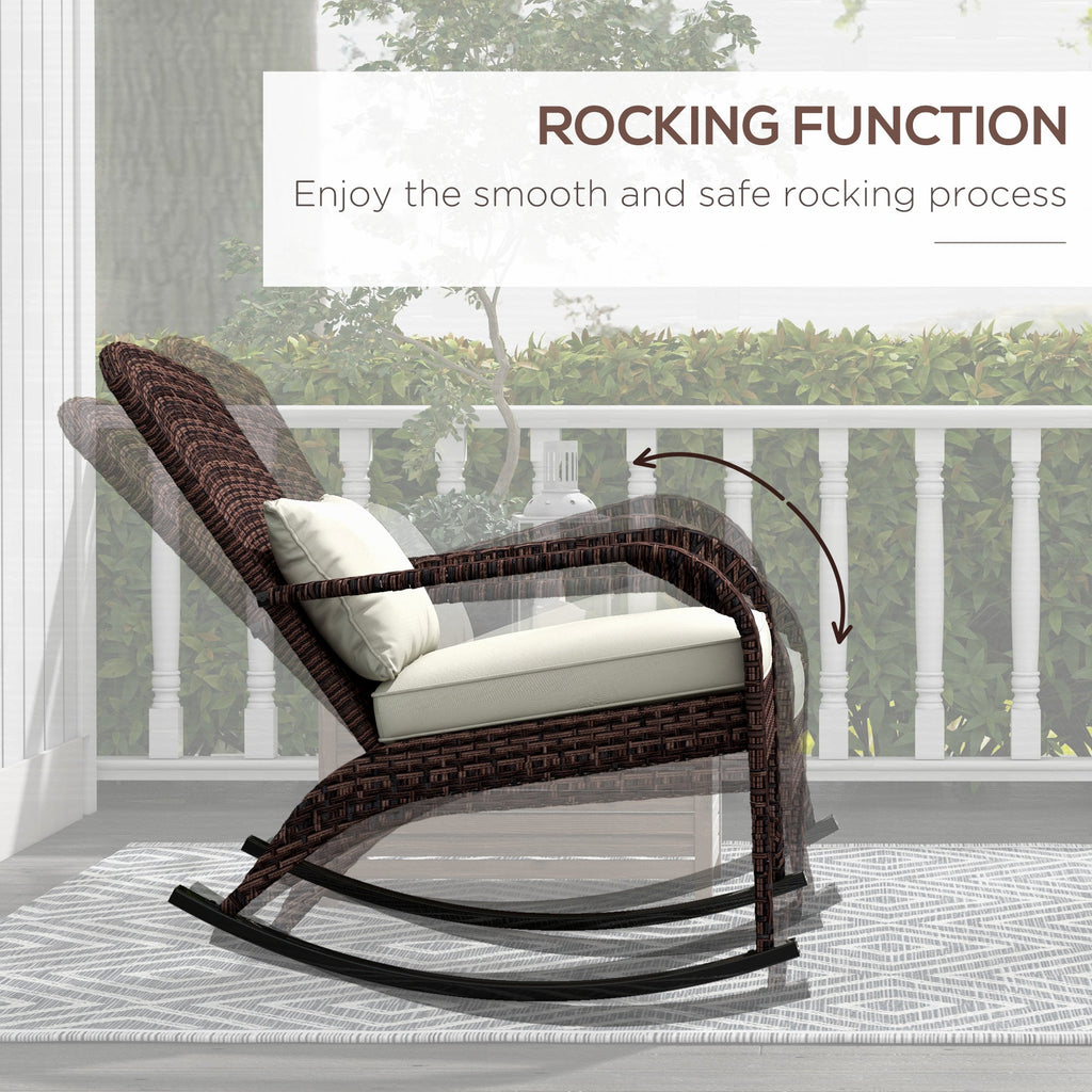 Wicker Adirondack Rocking Chair with Cushion and Pillow, Cream White/Brown