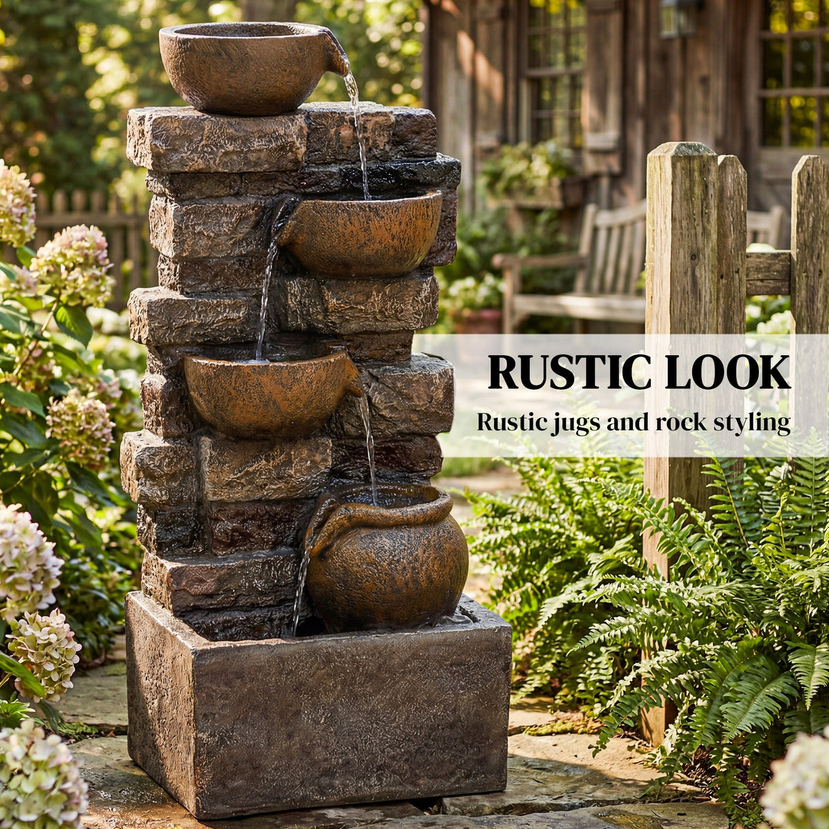28" 5-Tier Outdoor Fountain with LED Lights and Adjustable Flow, Rustic Brown