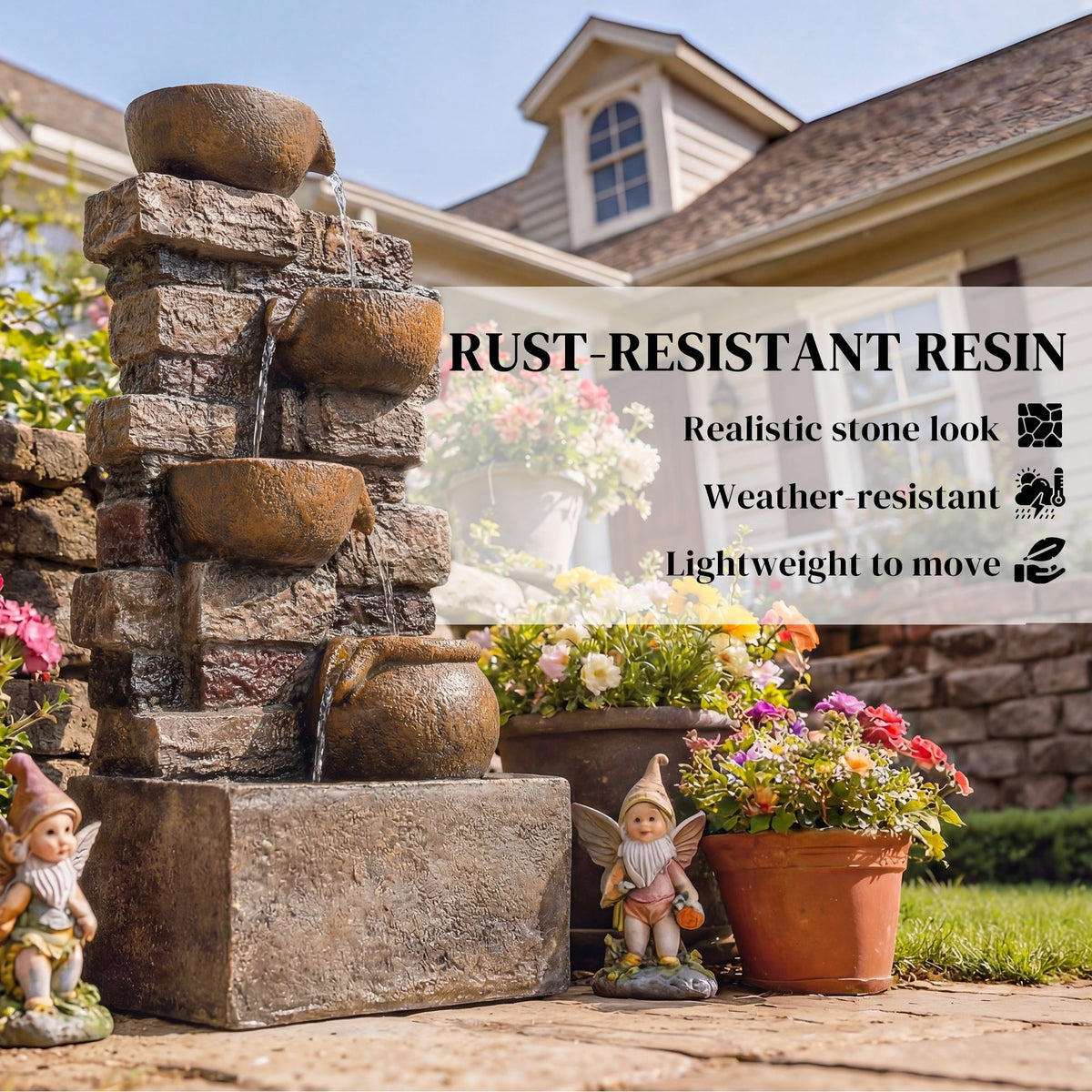 28" 5-Tier Outdoor Fountain with LED Lights and Adjustable Flow, Rustic Brown