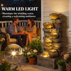 28" 5-Tier Outdoor Fountain with LED Lights and Adjustable Flow, Rustic Brown