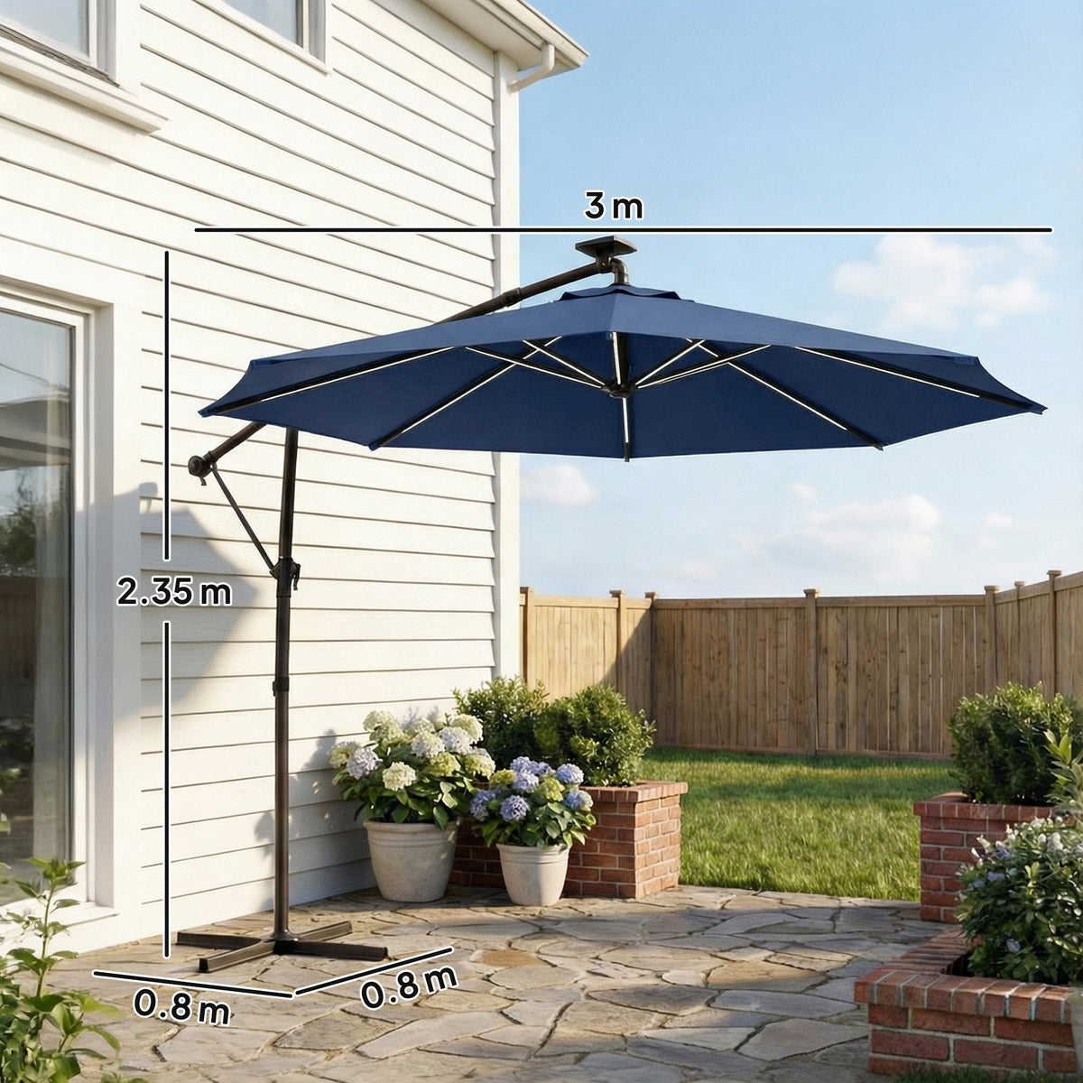 3 m Cantilever Parasol with Solar LED Light, Cover & 360° Rotation, Navy Blue