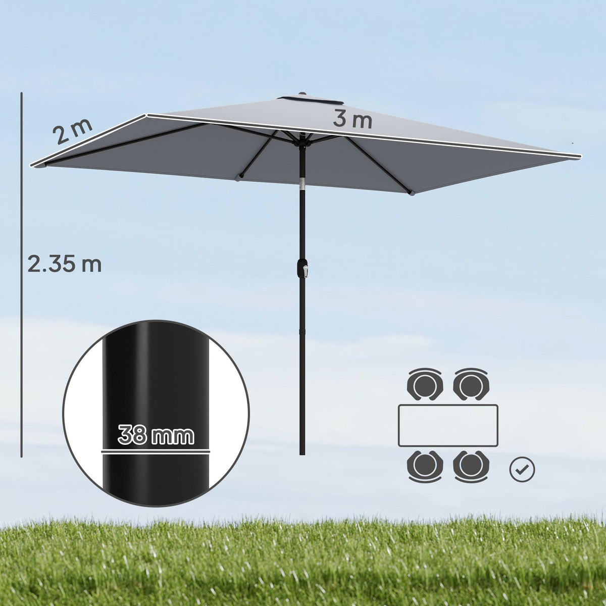 3 x 2 m Garden Parasol with Crank Handle and Tilt Function, Light Grey