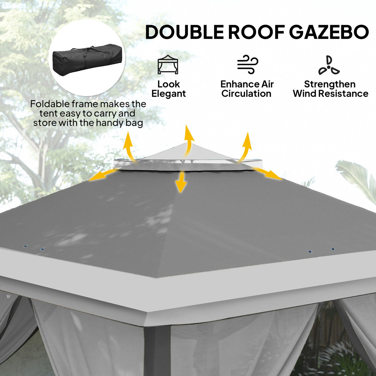 11' x 11' Pop Up Canopy with Double Roof and Mesh Sidewalls, Dark Grey