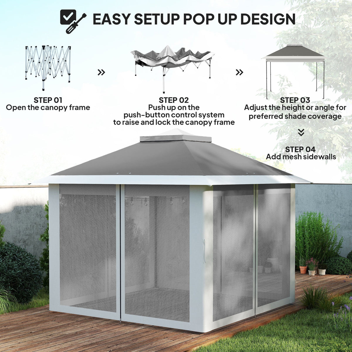 11' x 11' Pop Up Canopy with Double Roof and Mesh Sidewalls, Dark Grey