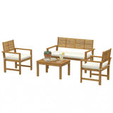 4-Seater Acacia Wood Outdoor Set with Loveseat, 2 Armchairs & Wood-Top Table, Cream
