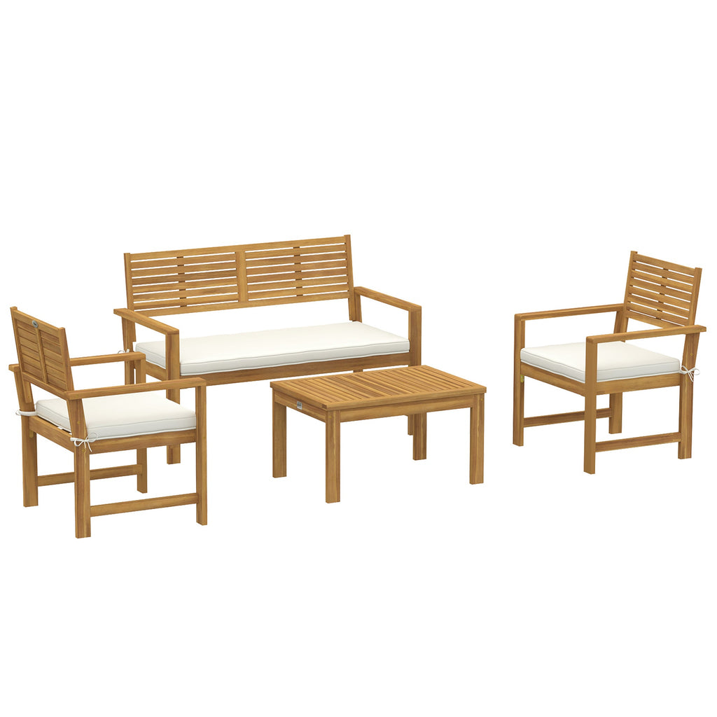 4-Seater Acacia Wood Outdoor Set with Loveseat, 2 Armchairs & Wood-Top Table, Cream