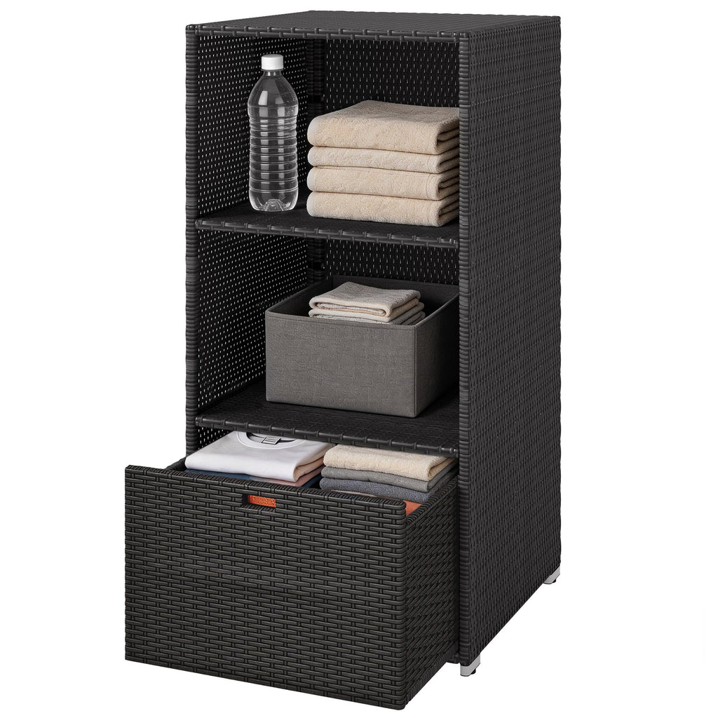 Pool Towel Rack with 2 Shelves and Basket Drawer, PE Rattan, Dark Brown