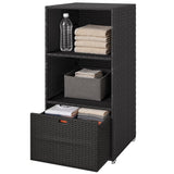 Pool Towel Rack with 2 Shelves and Basket Drawer, PE Rattan, Dark Brown