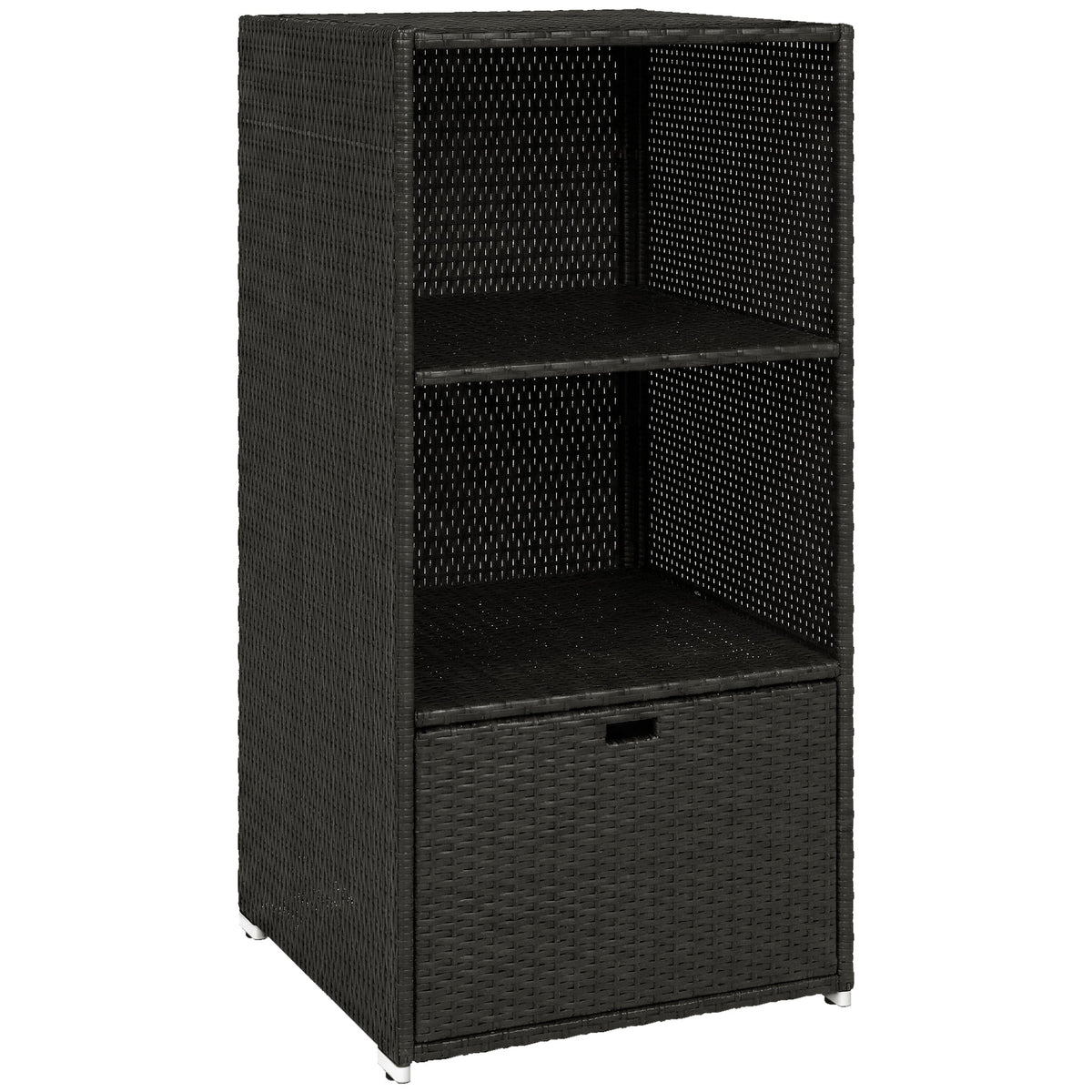 Pool Towel Rack with 2 Shelves and Basket Drawer, PE Rattan, Dark Brown