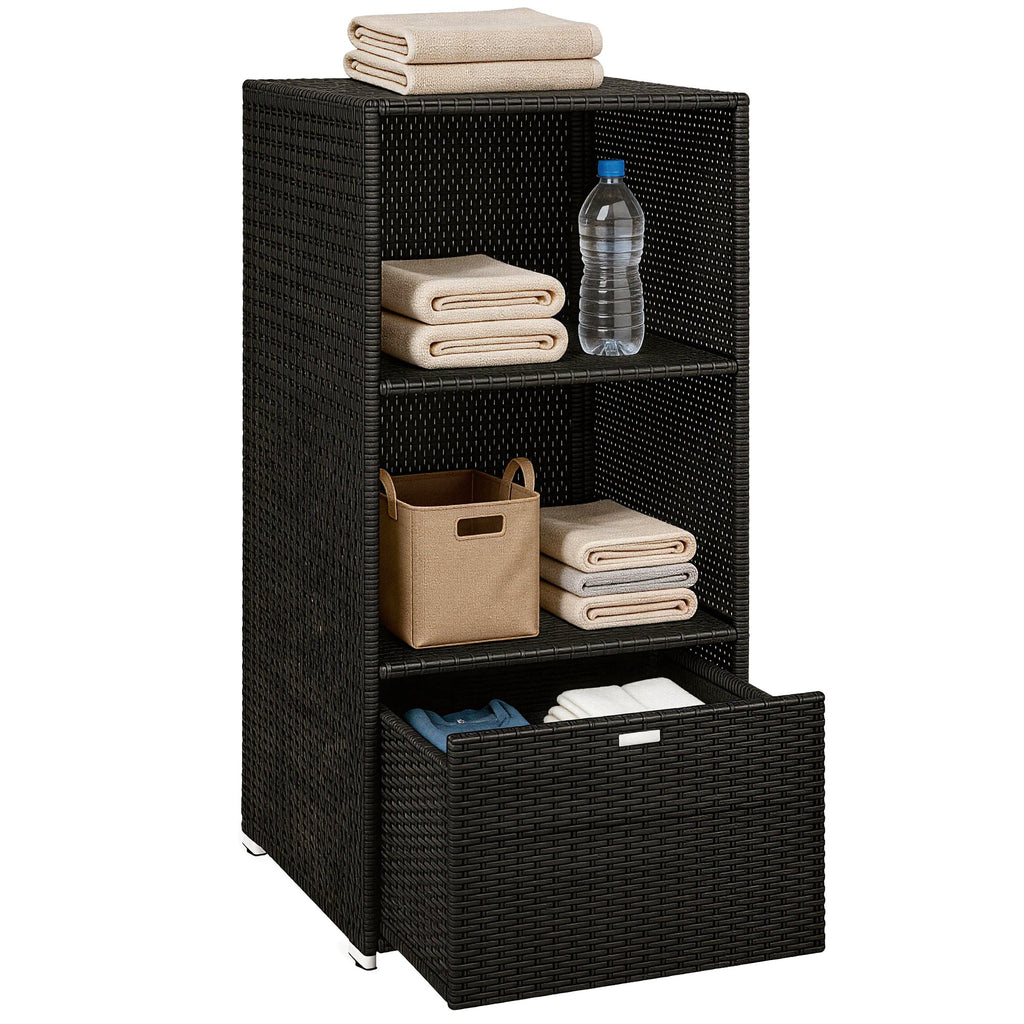 Pool Towel Rack with 2 Shelves and Basket Drawer, PE Rattan, Dark Brown