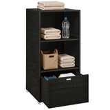 Pool Towel Rack with 2 Shelves and Basket Drawer, PE Rattan, Dark Brown