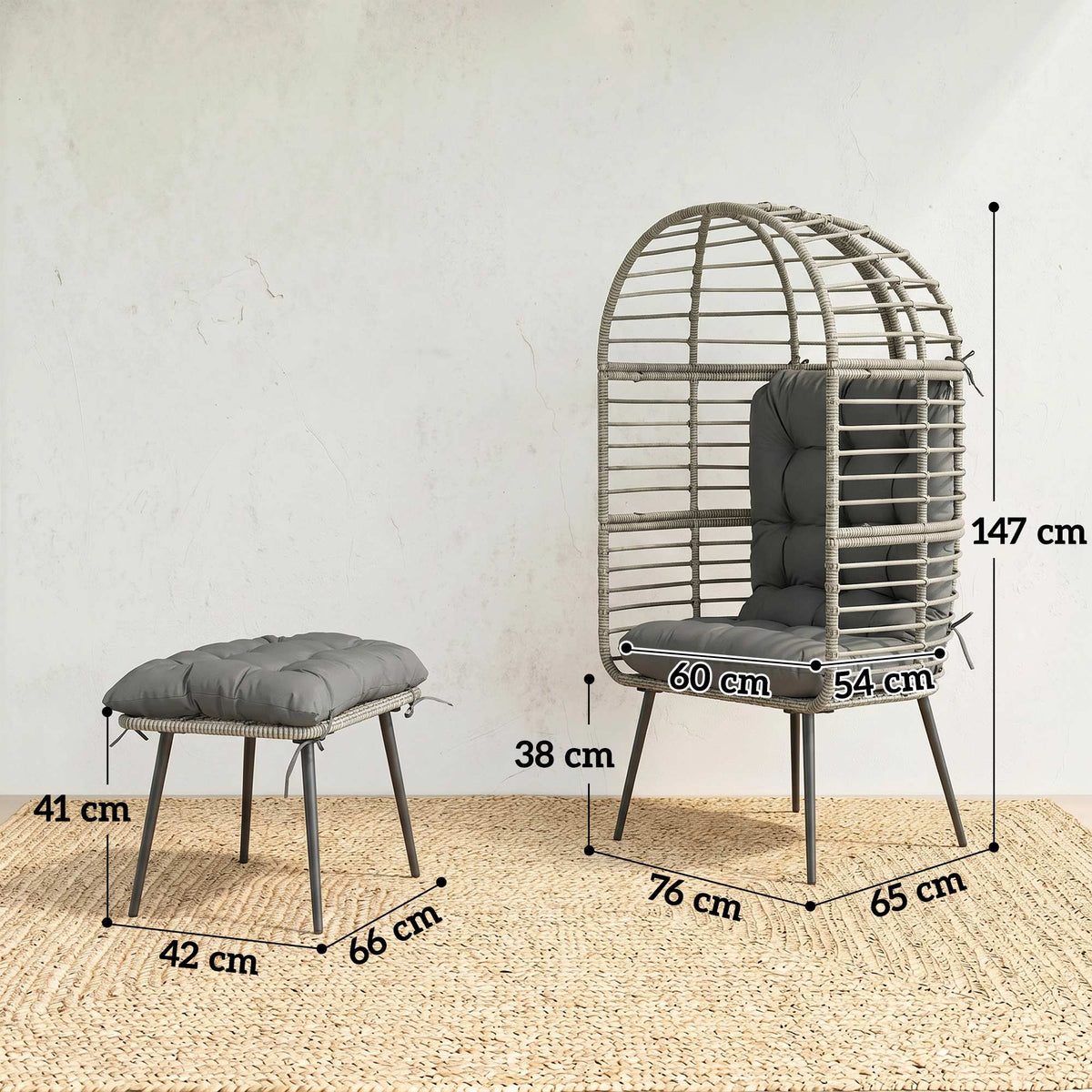 Standing PE Rattan Egg Chair with Footstool and Thick Cushions, Light Grey